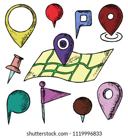 Hand-drawn set of map pins. Isolated objects on a white background. Vector cartoon doodles. Flags, pins and markers for designation of a location.