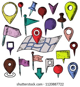 Hand-drawn set of map pins. Isolated objects on a white background. Vector cartoon doodles. Flags, pins and markers for designation of a location.