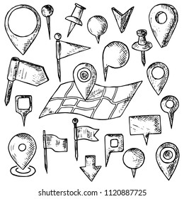 Hand-drawn set of map pins. Isolated objects on a white background. Vector cartoon doodles. Flags, pins and markers for designation of a location.