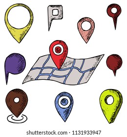 Hand-drawn set of map pins. Isolated objects on a white background. Vector cartoon doodles. Sketches.