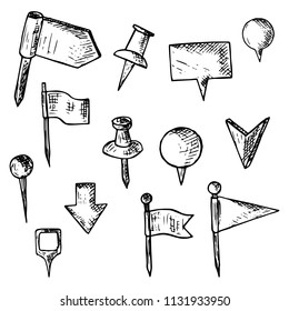Hand-drawn set of map pins. Isolated objects on a white background. Vector cartoon doodles. Sketches.