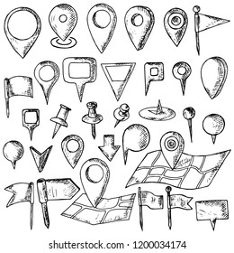 Hand-drawn set of map pins. Isolated objects on a white background. Vector cartoon doodles. Flags, pins and markers for designation of a location.