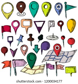 Hand-drawn set of map pins. Isolated objects on a white background. Vector cartoon doodles. Flags, pins and markers for designation of a location.