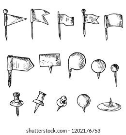 Hand-drawn set of map pins. Isolated objects on a white background. Vector cartoon doodles. Flags, pins and markers for designation of a location.