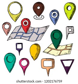 Hand-drawn set of map pins. Isolated objects on a white background. Vector cartoon doodles. Location elements.