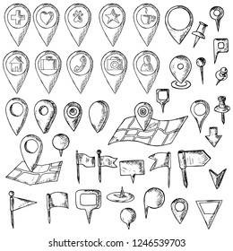 Hand-drawn set of map pins. Isolated objects on a white background. Vector cartoon doodles. Flags, pins and markers for designation of a location.