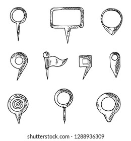 Hand-drawn set of map pins. Isolated objects on a white background. Vector cartoon doodles. Flags, pins and markers for designation of a location.