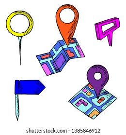 Hand-drawn set of map pins. Isolated objects on a white background. Vector cartoon doodles. Flags, pins and markers for location designation.