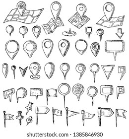 Hand-drawn set of map pins. Isolated objects on a white background. Vector cartoon doodles. Flags, pins and markers for location designation.