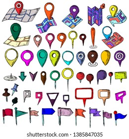 Hand-drawn set of map pins. Isolated objects on a white background. Vector cartoon doodles. Flags, pins and markers for location designation.