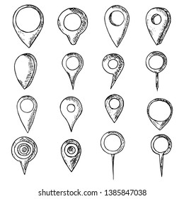 Hand-drawn set of map pins. Isolated objects on a white background. Vector cartoon doodles. Location designation.