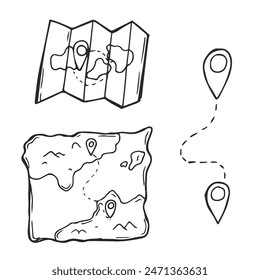 Hand-drawn set of maps and pins. Isolated objects on a white background. Vector cartoon doodles.