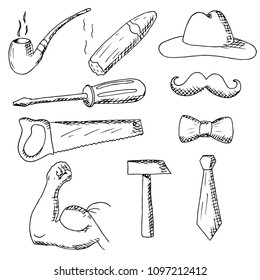 Hand-drawn set of masculine items. Masculinity illustrations. Vector cartoon doodles. Isolated objects on a white background.