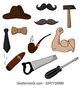 Hand-drawn set of masculine items. Masculinity illustrations. Vector cartoon doodles. Isolated objects on a white background.