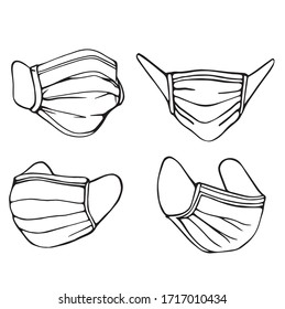 Un conjunto hecho a mano de máscaras médicas aisladas en un fondo blanco al estilo Doodle. Máscara para protección respiratoria Dibujo vectorial dibujado a mano