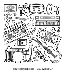 Hand-drawn set of musical instruments and symbols in doodle style or line art. Vector cartoon illustration