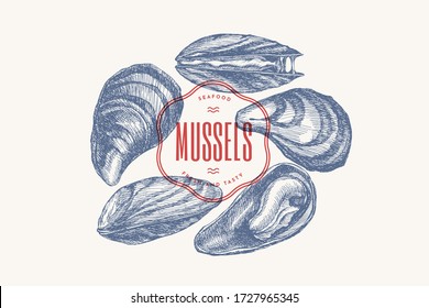 Hand-drawn set of mussels in different foreshortening vector illustration. Seashells in engraving style on a light background. Seafood. The menu design element of a fish restaurant, market or store.