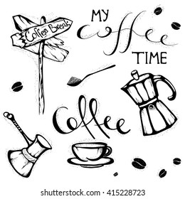 hand-drawn set. My coffee time quote. Doodles of coffee cup, donuts, spoons, turk. Isolated on white black vector illustration