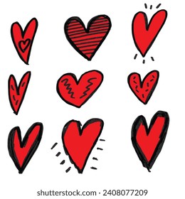 Handdrawn set of nine hearts colored and isolated on white background,vector eps10