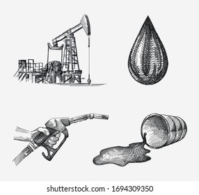 Hand-drawn Set Of Oil Industry Attributes. Set Includes Hand Holding A Refueling Gun, Oil Pump For Oil Extracting, Huge Drop Of Fuel And Oil, Fallen Bfuel Barrel With Oil/fuel Coming Out. 