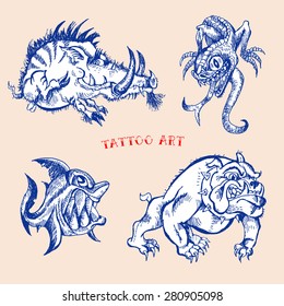 Hand-drawn set of old school cartoon animals theme tattoos. Boar, lizard, shark, bulldog. Aggressive characters