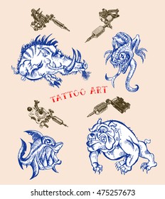 Hand-drawn set of old school cartoon animals theme tattoos. Boar, lizard, shark, bulldog. Aggressive characters. Set of different style realistic tattoo machines
