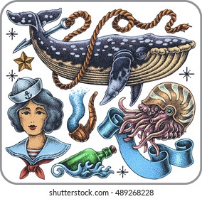 Hand-drawn set of old school deep sea theme tattoos.
