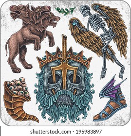 Hand-drawn set of old school greece mythology theme tattoos.