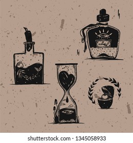 Hand-drawn set of old school magical dishes symbols 