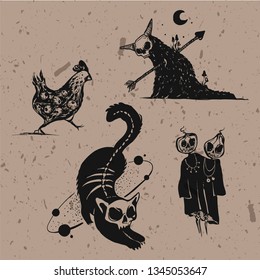 Hand-drawn set of old school monster symbols 
