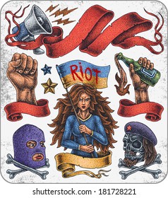 Conjunto hecho a mano de tatuajes temáticos de la revolución de la vieja escuela.