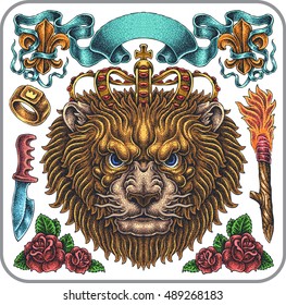 Hand-drawn set of old school royal theme tattoos.