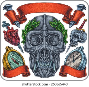 Hand-drawn set of old school timekeeper themed tattoos.