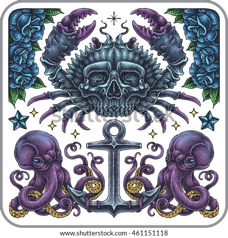 Hand-drawn set of old school underwater theme tattoos.