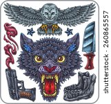 Hand-drawn set of old school wild weapon theme tattoos.
