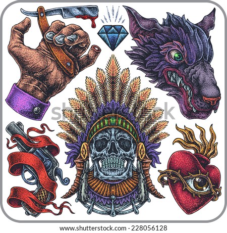 Hand-drawn set of old school yakuza theme tattoos.
