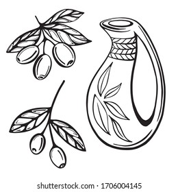 A hand-drawn set of olive branches and olive oil bottles isolated on a white background. Extra-virgin olive oil.  Vintage style. Vector illustration in Doodle style