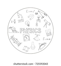 Hand-drawn set on physics. Vector illustration.