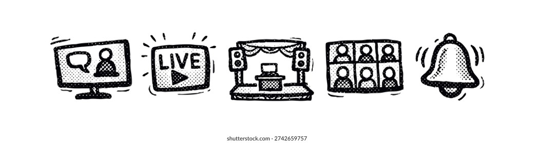 Hand-drawn set of online and live event icons, ideal for interactive webinars and virtual discussions.