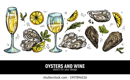 A hand-drawn set of oysters and white wine (champagne). Sea delicacies for a romantic holiday. Sketches for menus or ads