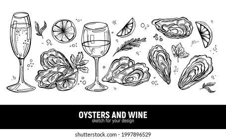 A hand-drawn set of oysters and white wine (champagne). Sea delicacies for a romantic holiday. Sketches for menus or ads