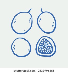 Hand-drawn set of passion fruit. Line art. Vector illustration.