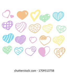Conjunto De Corazones De Vector Pastel Dibujados A Mano En Fondo Blanco. Ilustración De Símbolo De Corazón Plano. Colección Love Emblem. Diseño gráfico en el concepto del amor. Símbolo de amor para San Valentín.
