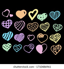 Hand-Drawn Set Of Pastel Vector Hearts On Black Background. Illustration Of Flat Heart Symbol. Love Emblem Collection. Graphic Design In The Concept of Love. Love Symbol for Valentines Day.