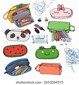 Hand-drawn set of pencil cases for school supplies on a background of white checkered paper.