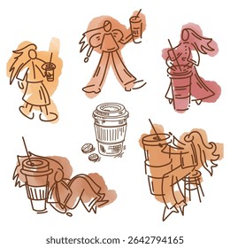 A hand-drawn set, people drinking coffee, a sketch with colored strokes and ink, coffee, a coffee shop design in the style of sketches.