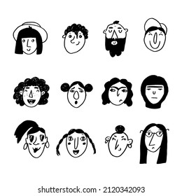 Hand-drawn set of people faces. Collection of portraits different nationalities, races, genders. Collection of Vector illustration in doodle style