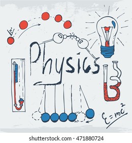 Hand-drawn set of physics objects for your project. Physics laboratory vector background.