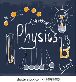 Hand-drawn set of physics objects for your project. Physics laboratory vector background.