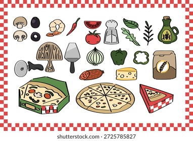 Conjunto de Pizza e ingrediente dibujado a mano